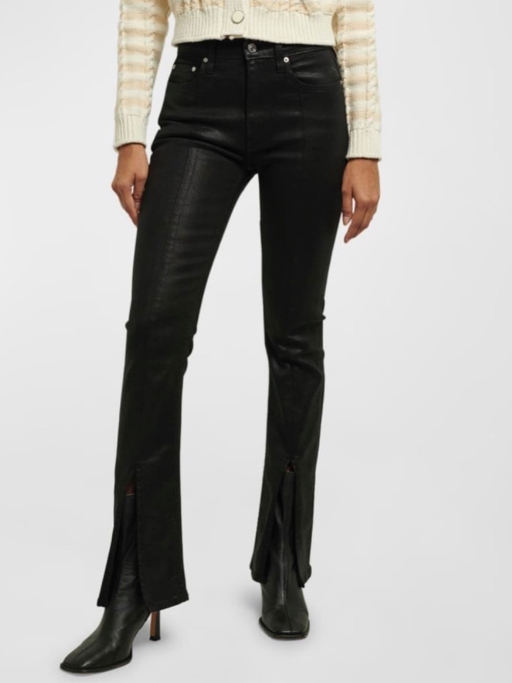 NWT Derek Lam 10 Crosby Lucia High Rise Slit Kick Flare Coated Jeans Black Sz 29